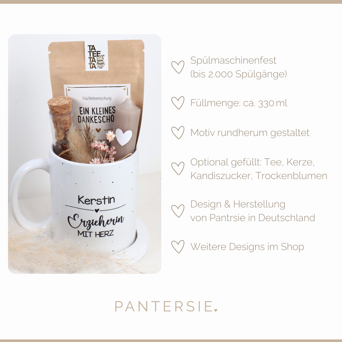Geschenkset „Erzieherin mit Herz“ – personalisierbare Tasse, wahlweise gefüllt