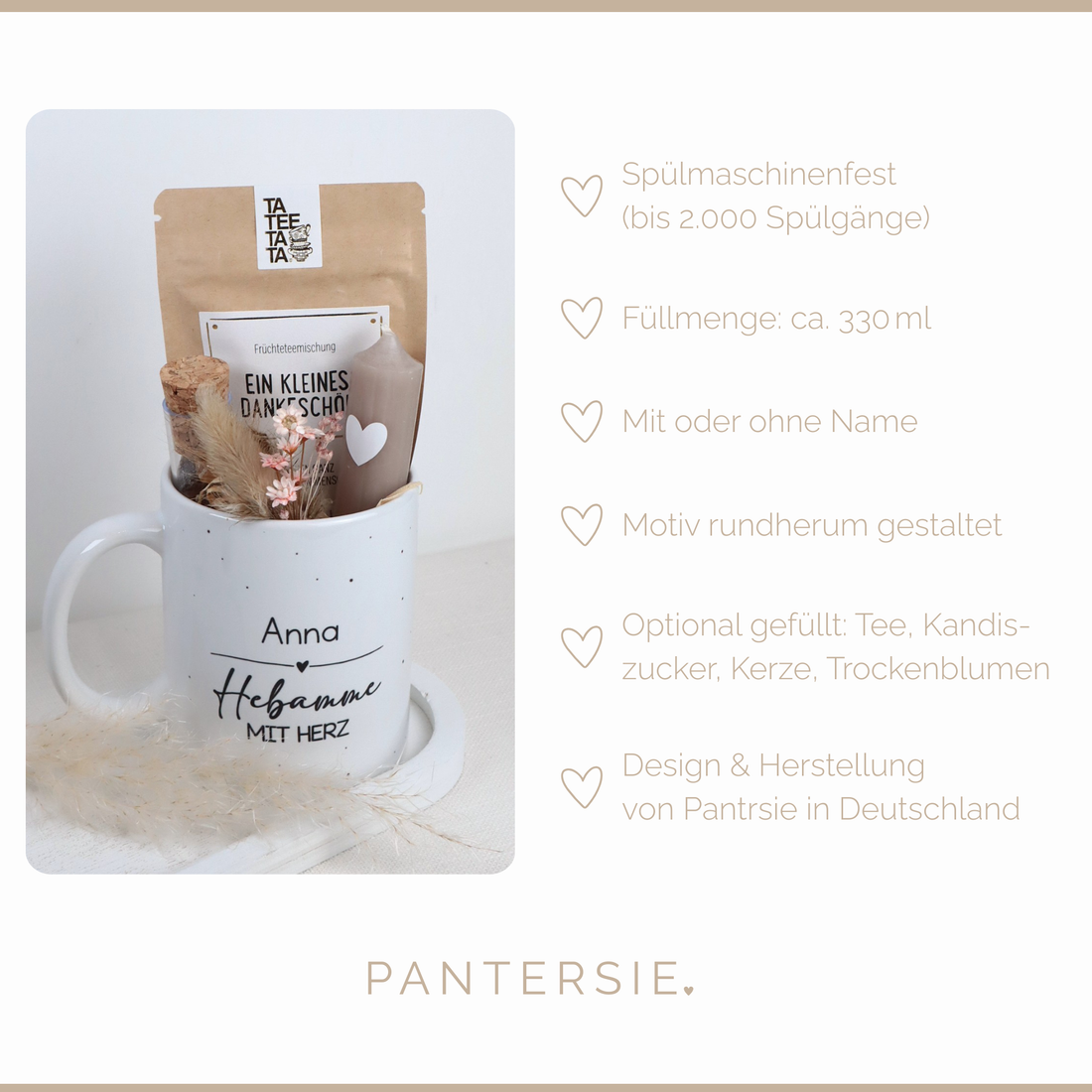 Geschenkset „Hebamme mit Herz“ – personalisierbare Tasse, wahlweise gefüllt