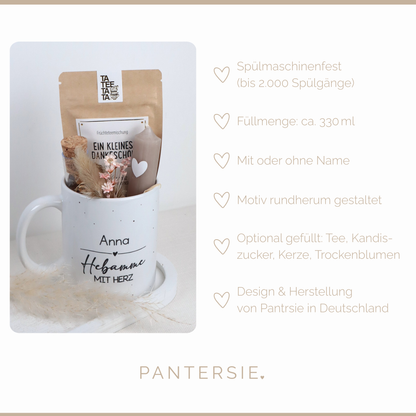 Geschenkset „Hebamme mit Herz“ – personalisierbare Tasse, wahlweise gefüllt
