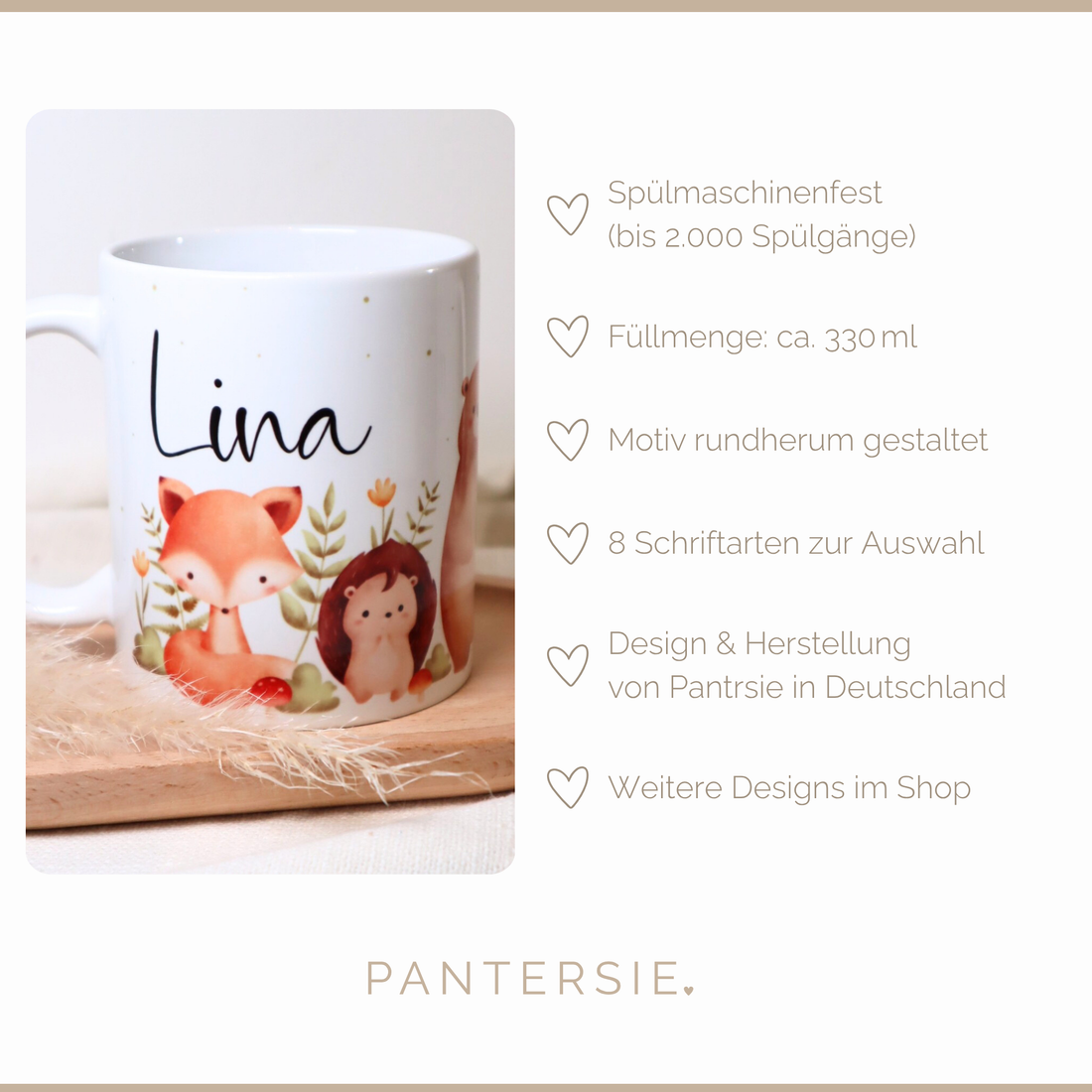 Kindertasse mit Waldtieren – personalisiert mit Name – rundum bedruckt