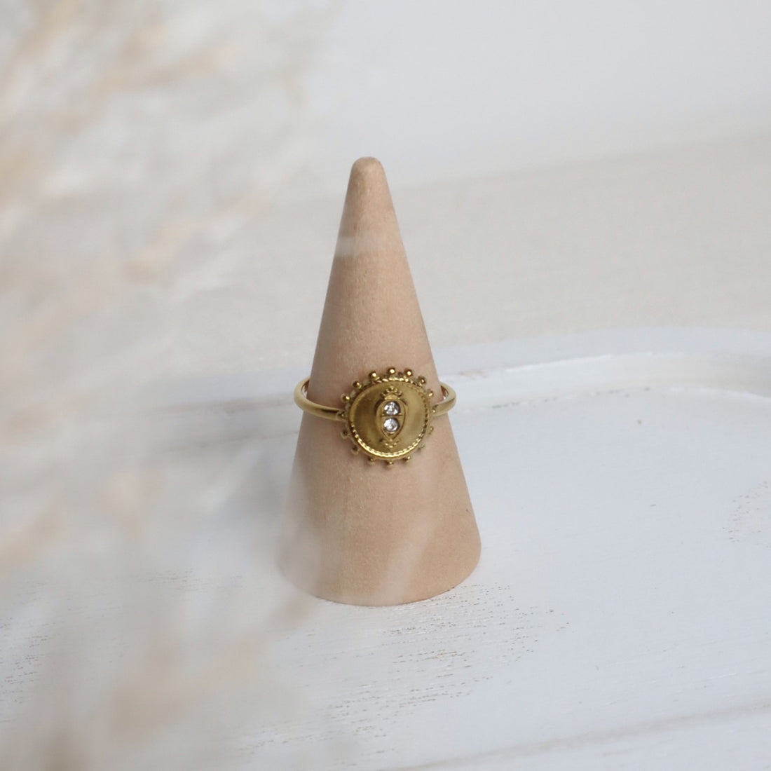 Ring Mandala-Design mit Zirkonia – Edelstahl Gold (verstellbar)
