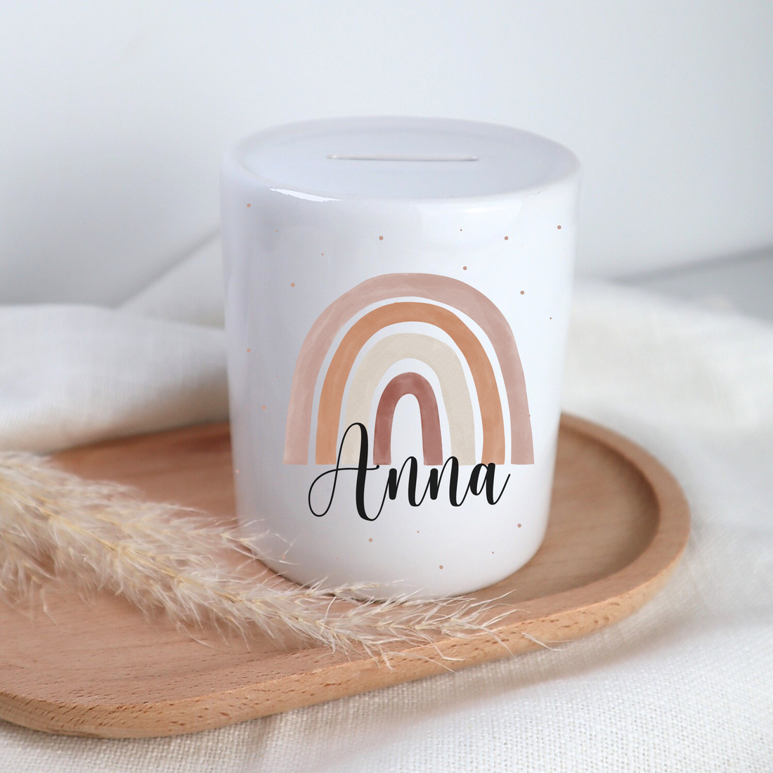 Spardose mit Regenbogen – personalisiert mit Namen, Geschenk für Kinder