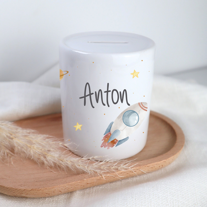 Spardose Weltraum – personalisiert mit Namen, Weltraum-Motiv für Kinder