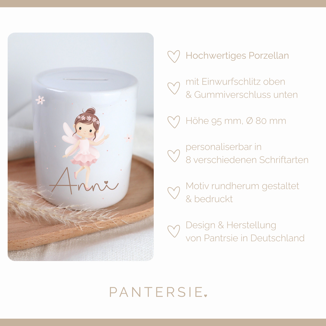 Spardose Fee – personalisiert mit Name &amp; Wunschschrift | Porzellan