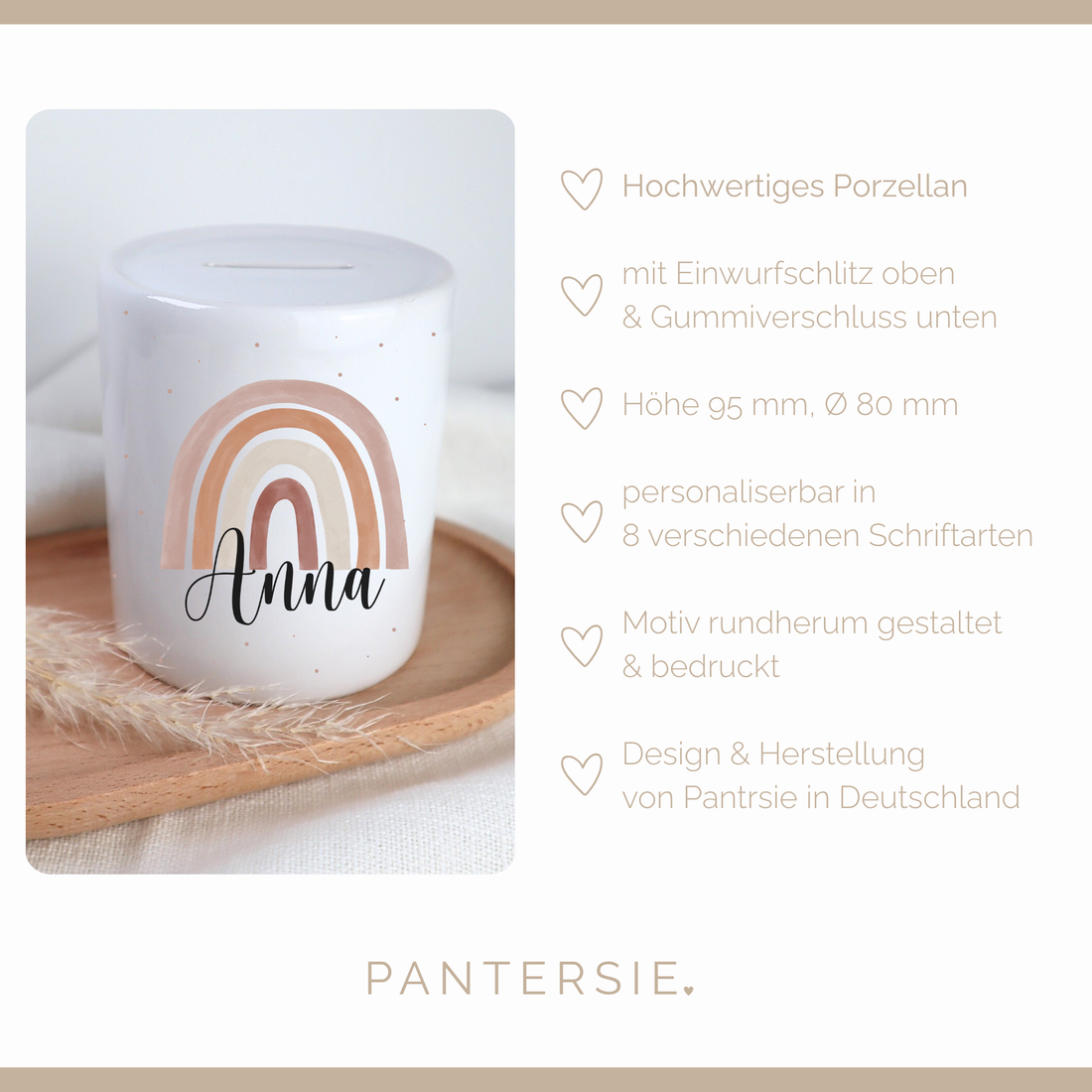 Spardose mit Regenbogen – personalisiert mit Namen, Geschenk für Kinder