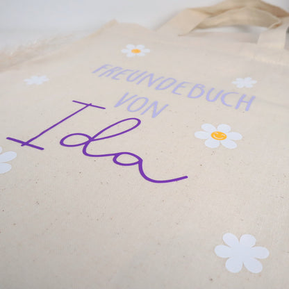 Tasche für Freundebuch – personalisiert mit Namen &amp; Blümchen