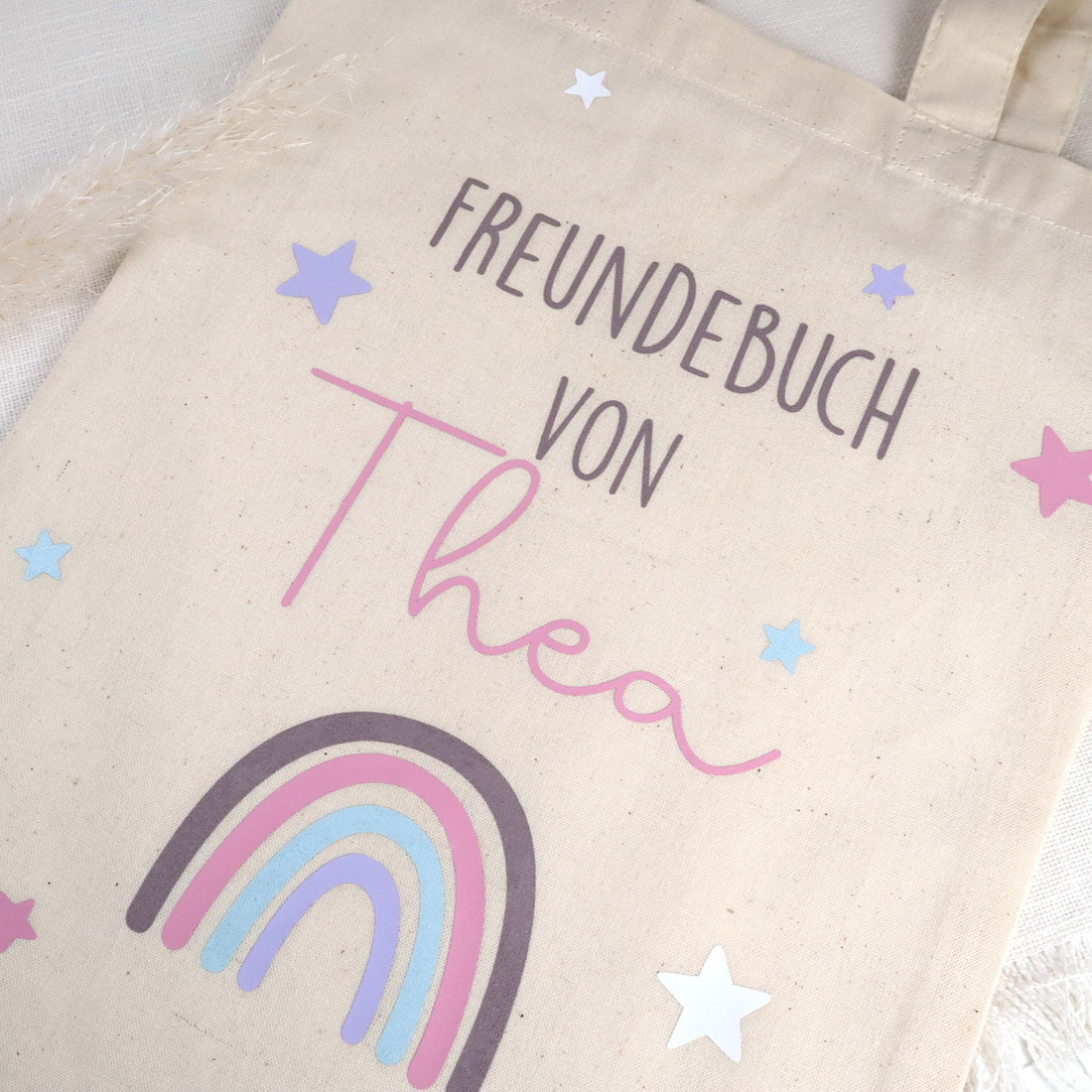Tasche für Freundebuch – personalisiert mit Namen, Regenbogen &amp; Sternen