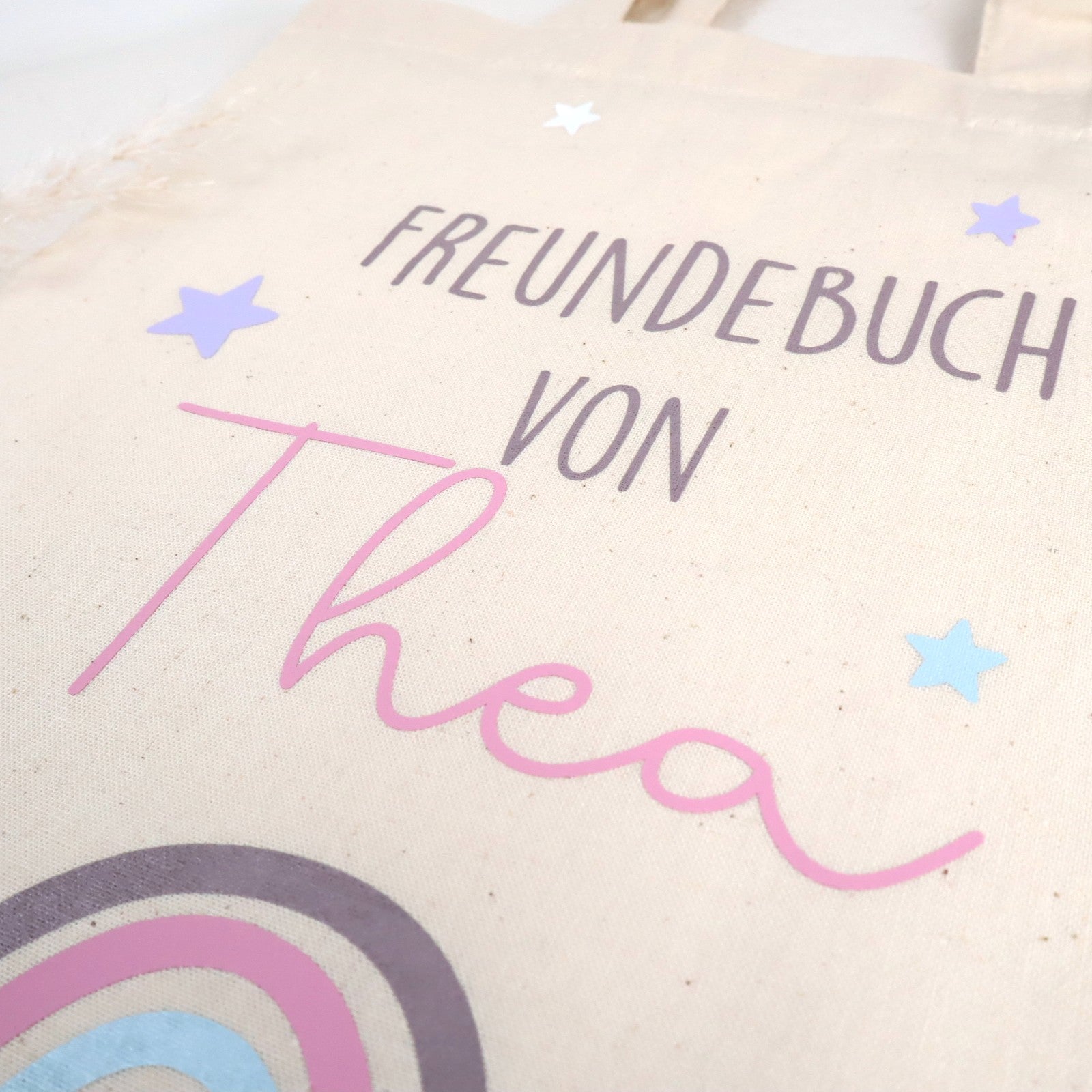 Tasche für Freundebuch – personalisiert mit Namen, Regenbogen &amp; Sternen