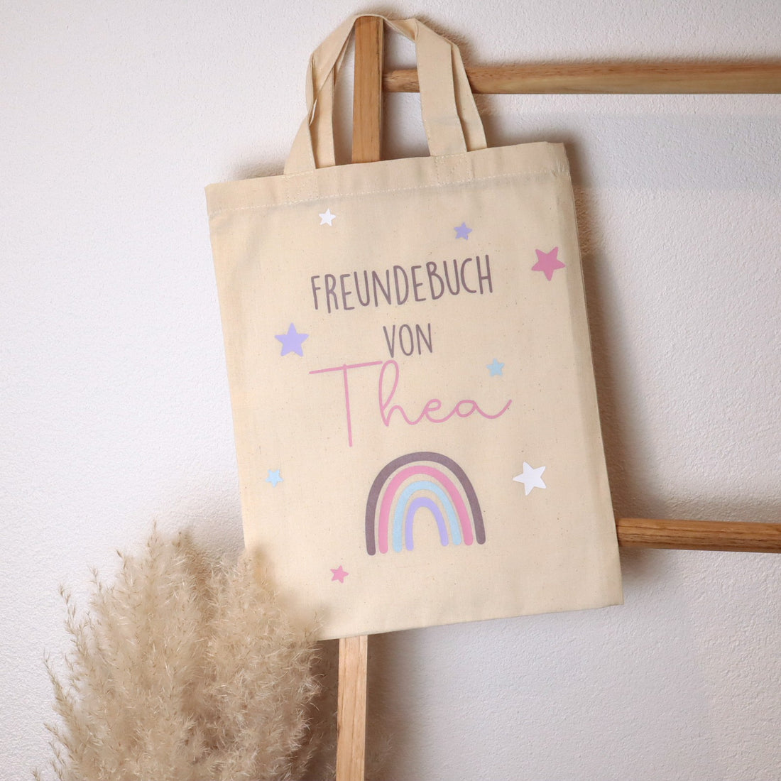Tasche für Freundebuch – personalisiert mit Namen, Regenbogen &amp; Sternen