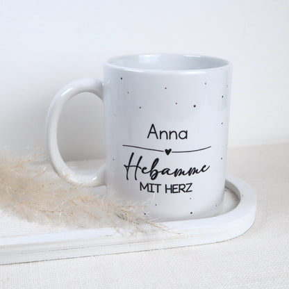 Geschenkset „Hebamme mit Herz“ – personalisierbare Tasse, wahlweise gefüllt