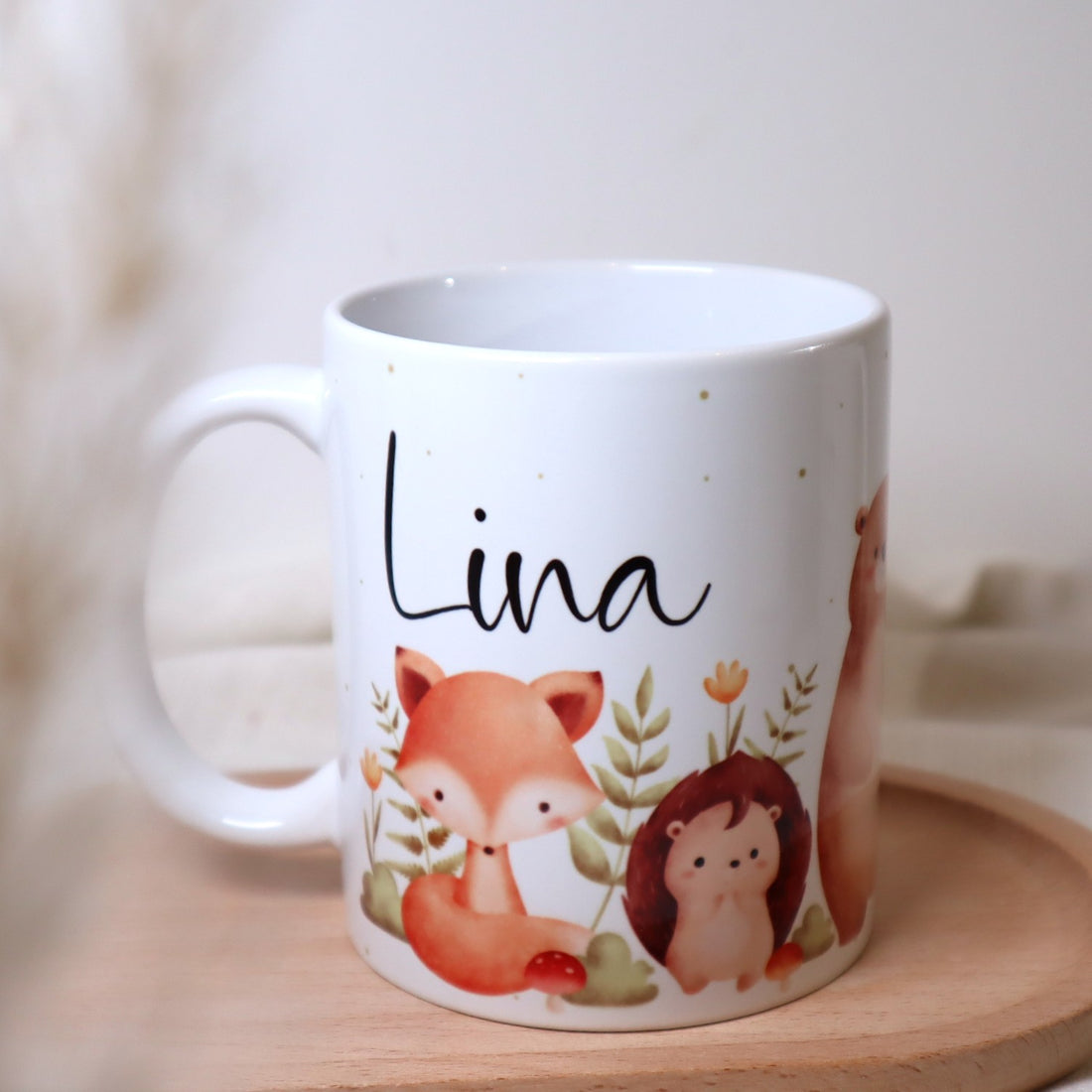 Kindertasse mit Waldtieren – personalisiert mit Name – rundum bedruckt