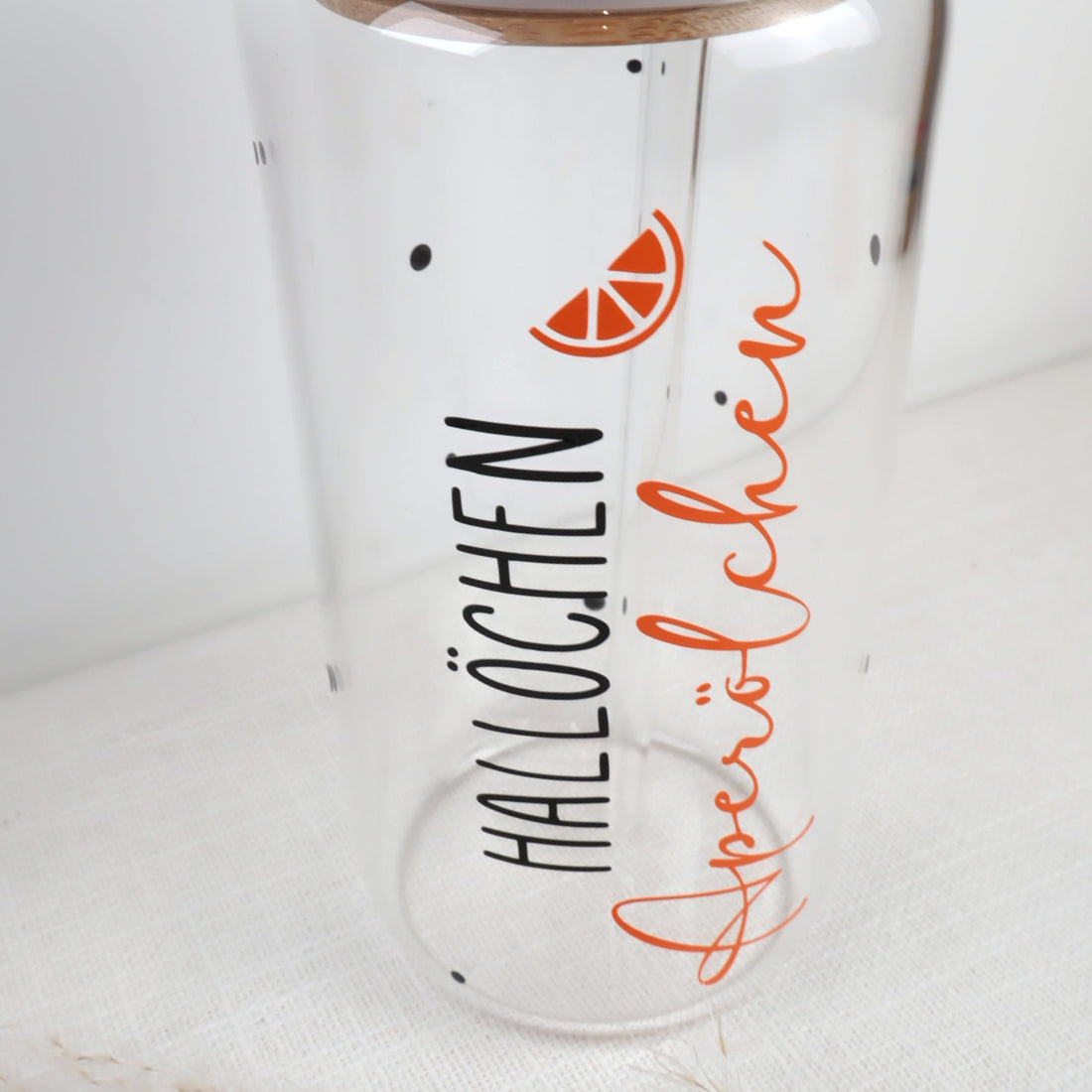 Trinkglas – „Hallöchen Aperölchen“ - Glas oder Kunststoffbecher personalisierbar