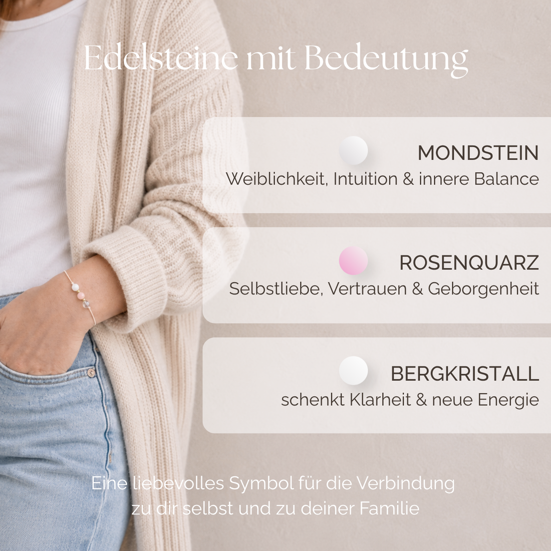 Natursteinarmband „Mama Essence“ – mit Rosenquarz, Mondstein &amp; Bergkristall